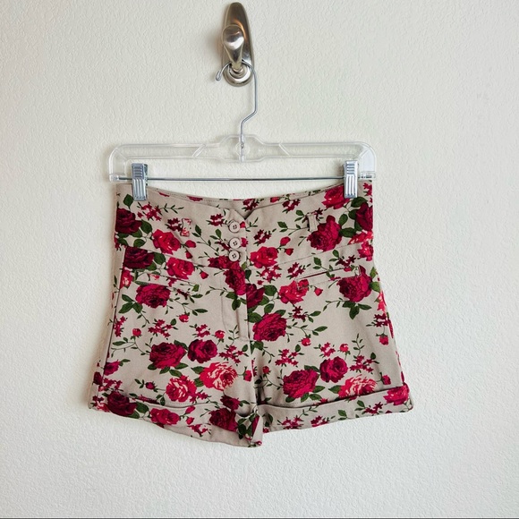 Brown & Pink Floral Tuxedo Button High Waisted Cuffed Shorts - Picture 4 of 8